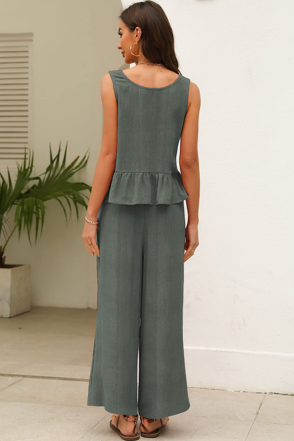 Duffel Green Solid Color Ribbed Ruffle Tank Top and Pants Set - Image 2