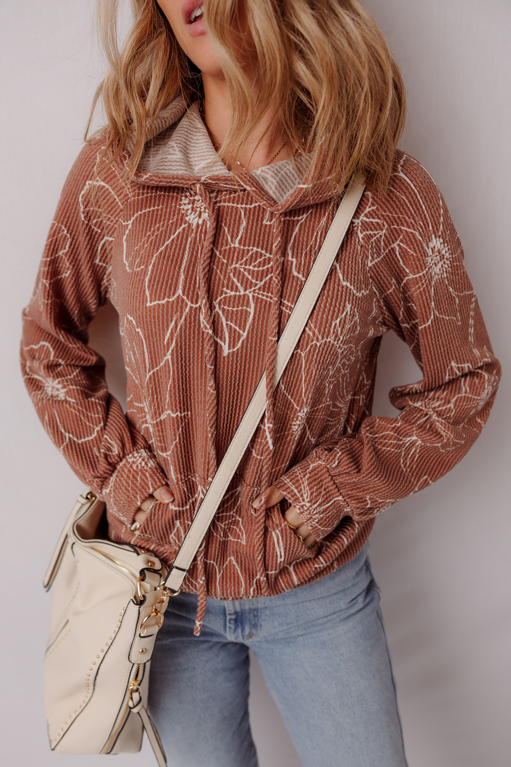 Brown Floral Twisted Rib Drawstring Kangaroo Pocket Hoodie - Image 6