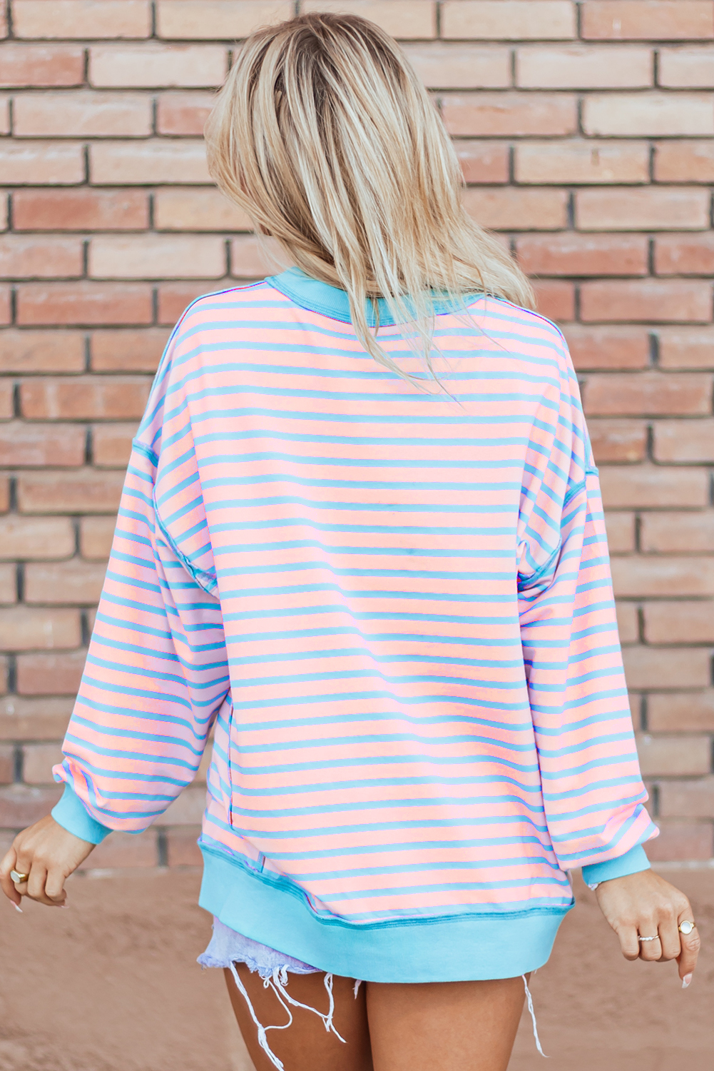 Pink Stripe Contrast Trim High Low Pullover Tunic Sweatshirt - Image 3