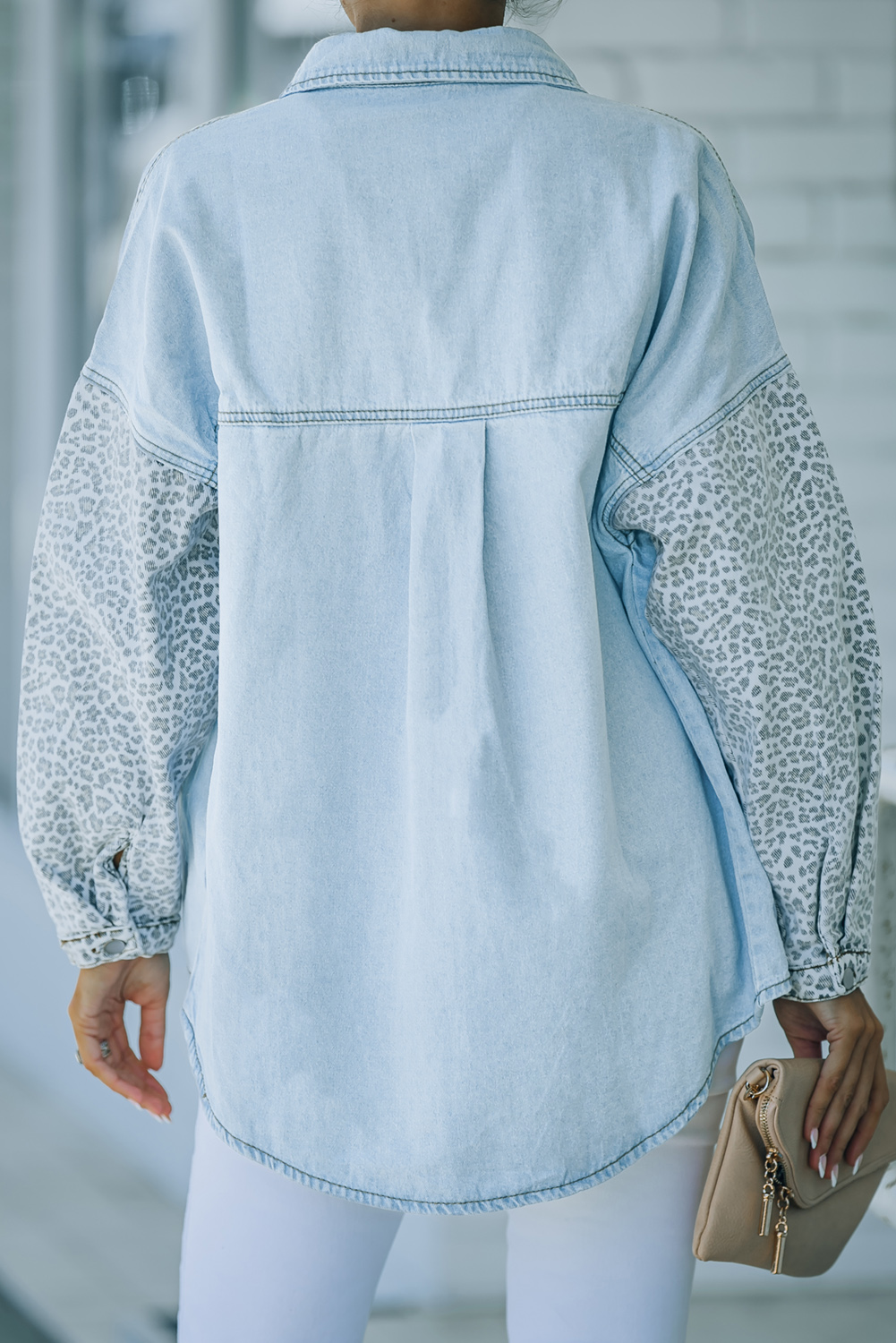 Sky Blue Contrast Leopard Denim Jacket - Image 2