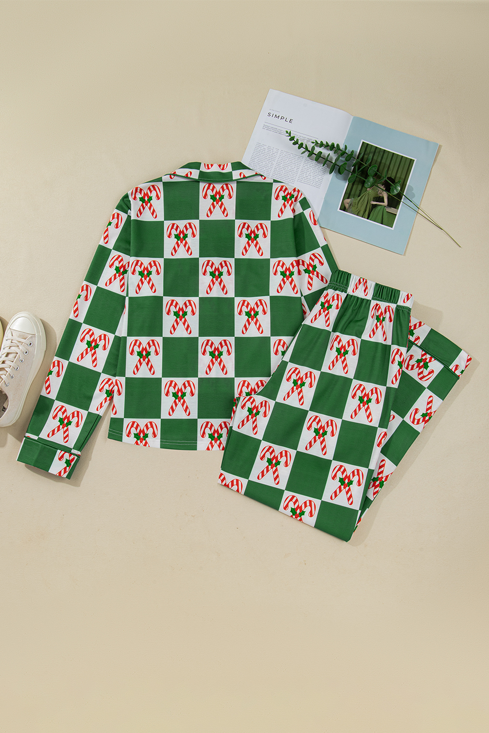 Green Holly Jolly Checkered Pattern 2pcs Long Pajama Set - Image 6