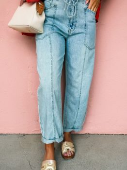 Myosotis Exposed Stitch Detail Drawstring Barrel Jeans