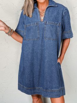 Blue Short Sleeve Collared Patched Pocket Denim Mini Dress