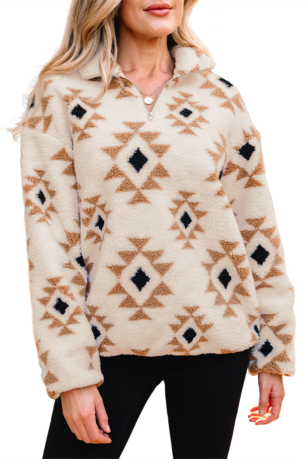 Khaki Aztec Print Sherpa Quarter Zip Collar Sweatshirt - Image 14