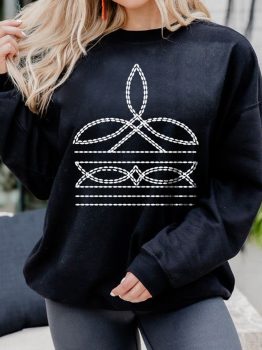 Black Western Pattern Print Round Neck Pullover Sweatshirt
