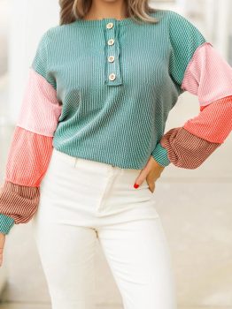 Multicolour Twisted Ribbed Knit Colorblock Henley Top
