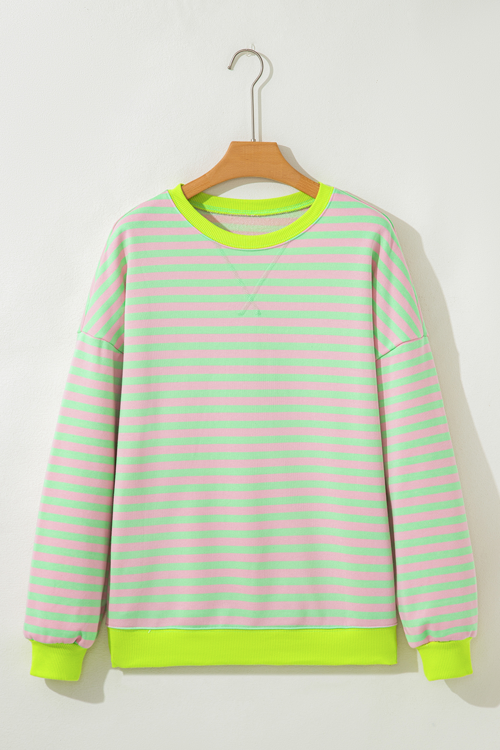 Green Stripe Contrast Ribbed Trim Crossed Stitch Drop Shoulder Sweatshirt - Image 8