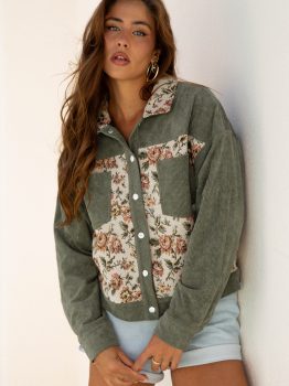 Sage Green Ribbed Retro Floral Patchwork Shirt Style Jacket