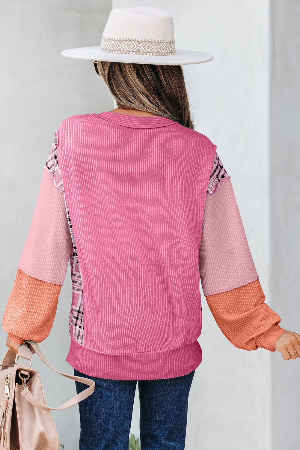 Rose Red Corded Texture Plaid Colorblock Patchwork Split Neck Long Sleeve Top - Image 10