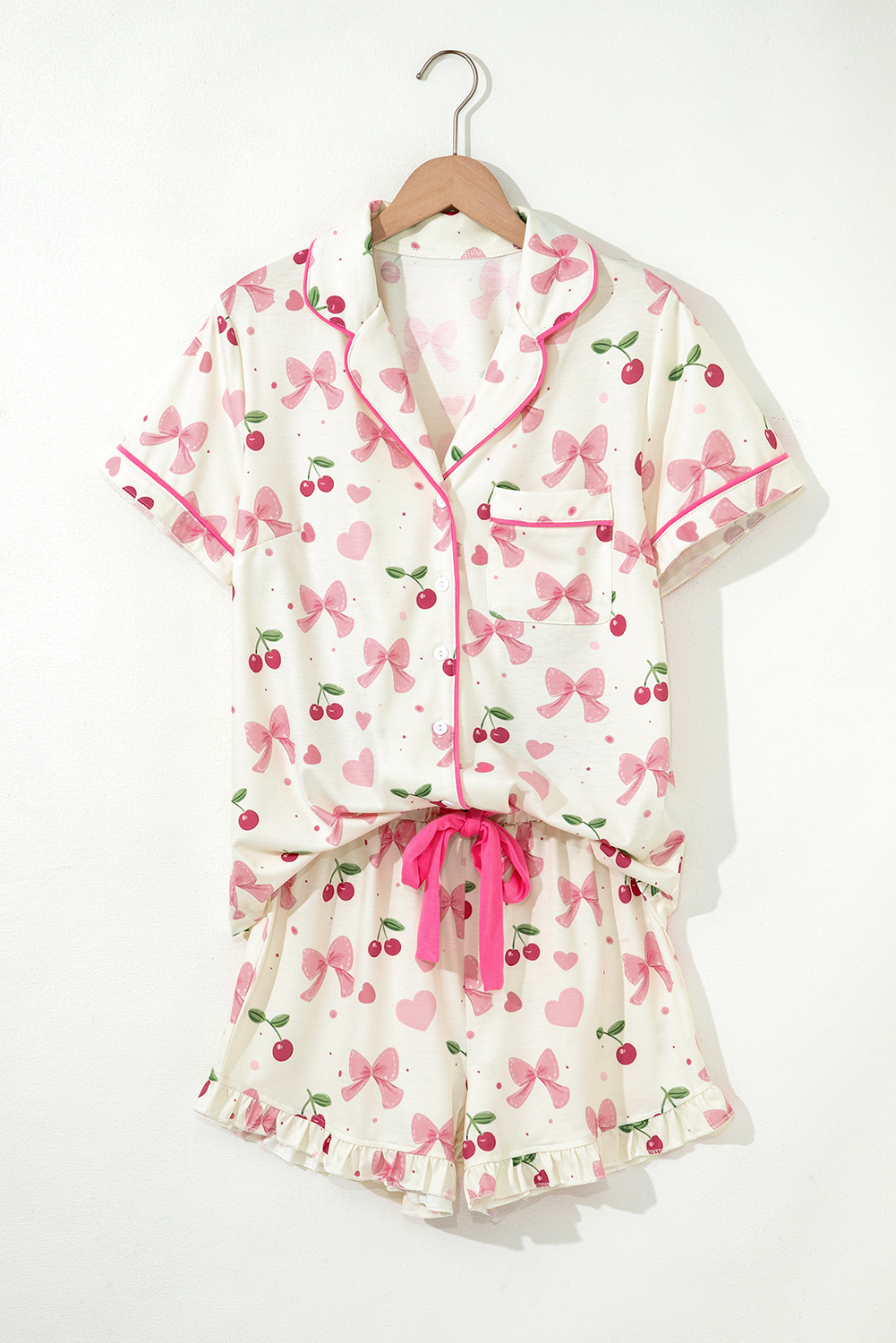 Beige Bow Fruit Print Contrast Pipping Short Pajamas Set - Image 4