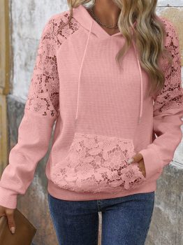 Gossamer Pink Lace Patchwork Raglan Sleeve Kangaroo Pocket Waffle Hoodie