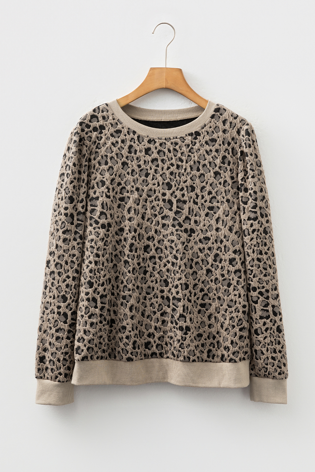 Khaki Ribbed Trim Leopard Print Long Sleeve Top - Image 3
