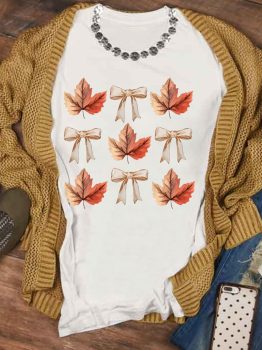 White Fall Leaf Bow Print Thanksgiving T Shirt