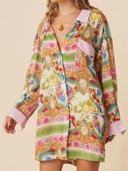 Multicolour Boho Floral Print Buttoned Long Sleeve Shirt Dress