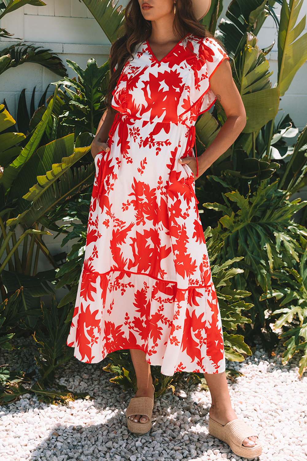 Red Floral Print Trimmed V Neck Ruffle Sleeve Long Dress - Image 7
