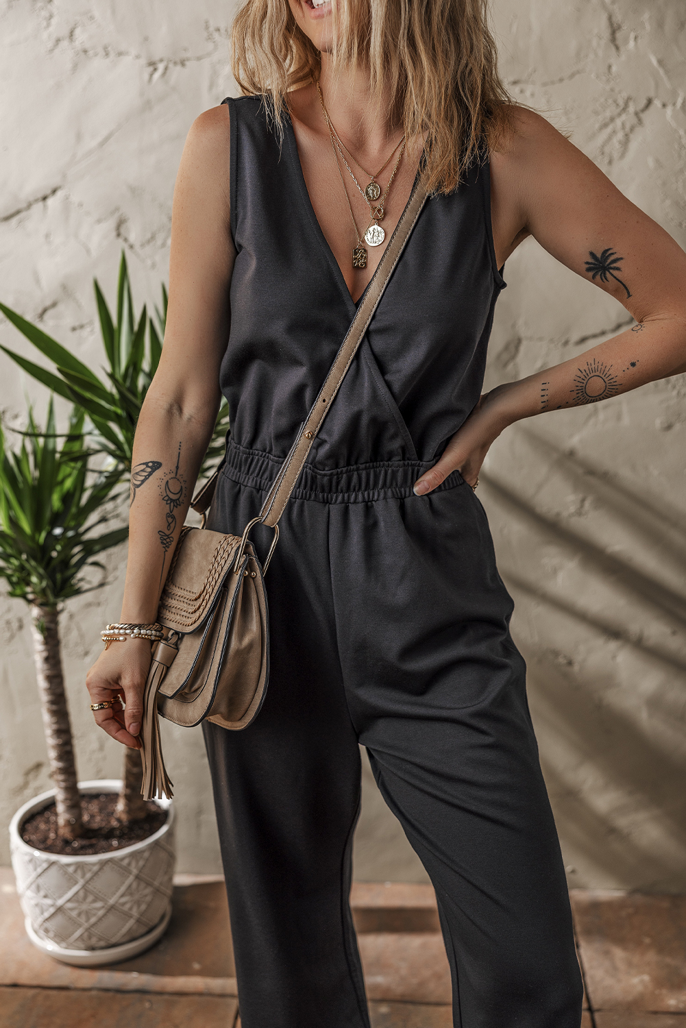 Black Wrap V Neck Sleeveless High Waist Jumpsuit - Image 3