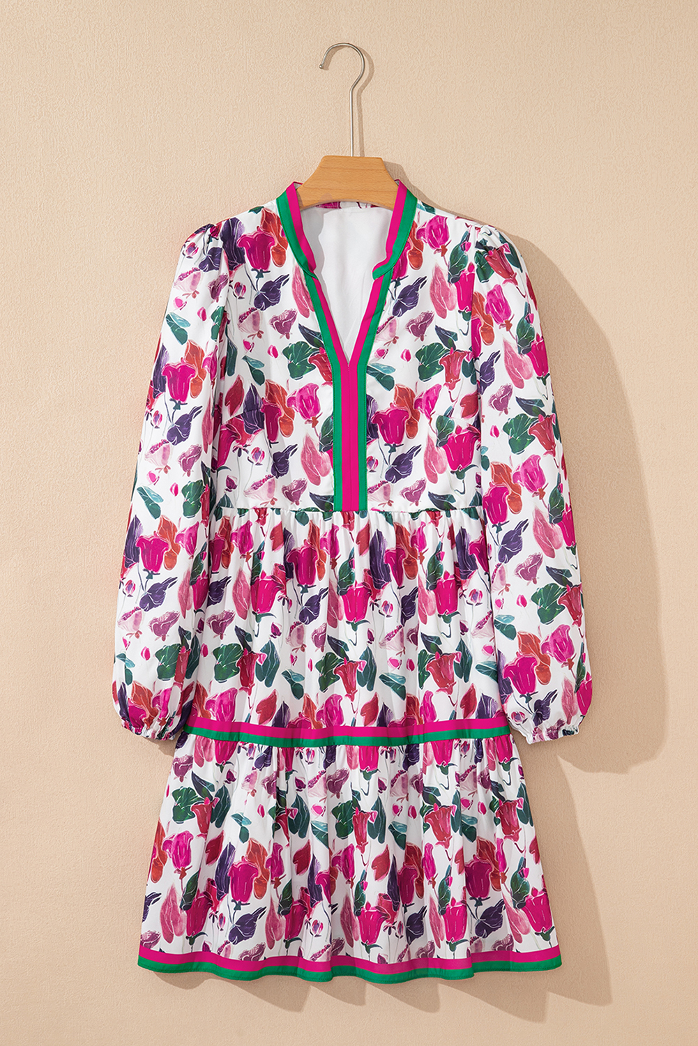 Purple Floral Print Contrast Striped Detail Long Sleeve Mini Dress - Image 6