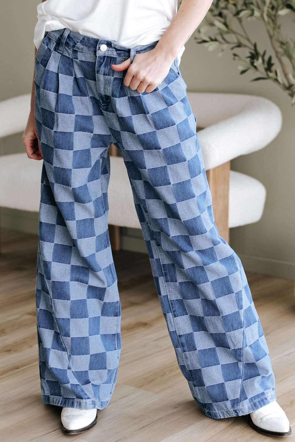 Dusk Blue Checkered Denim Wide Leg Jeans - Image 6
