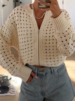 Beige Hollowed Pattern Knit Zip Up Drop Shoulder Sweater Cardigan