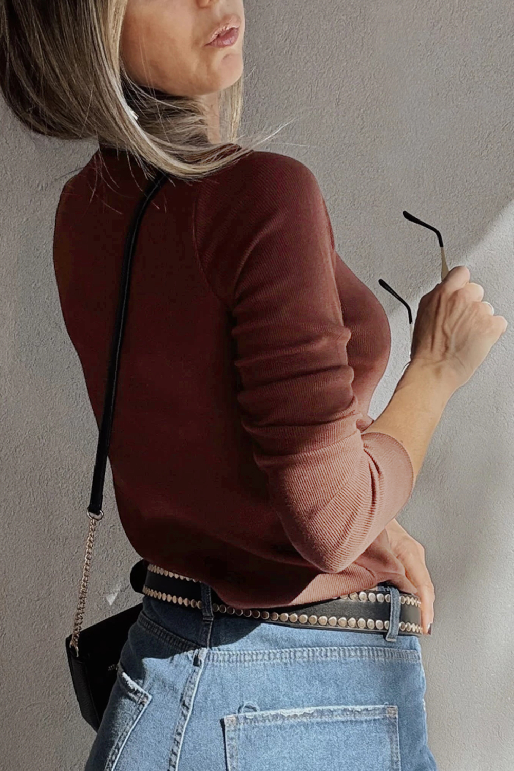 Burgundy Gathered Bust Square Neck Ribbed Fit Long Sleeve Top - Image 2