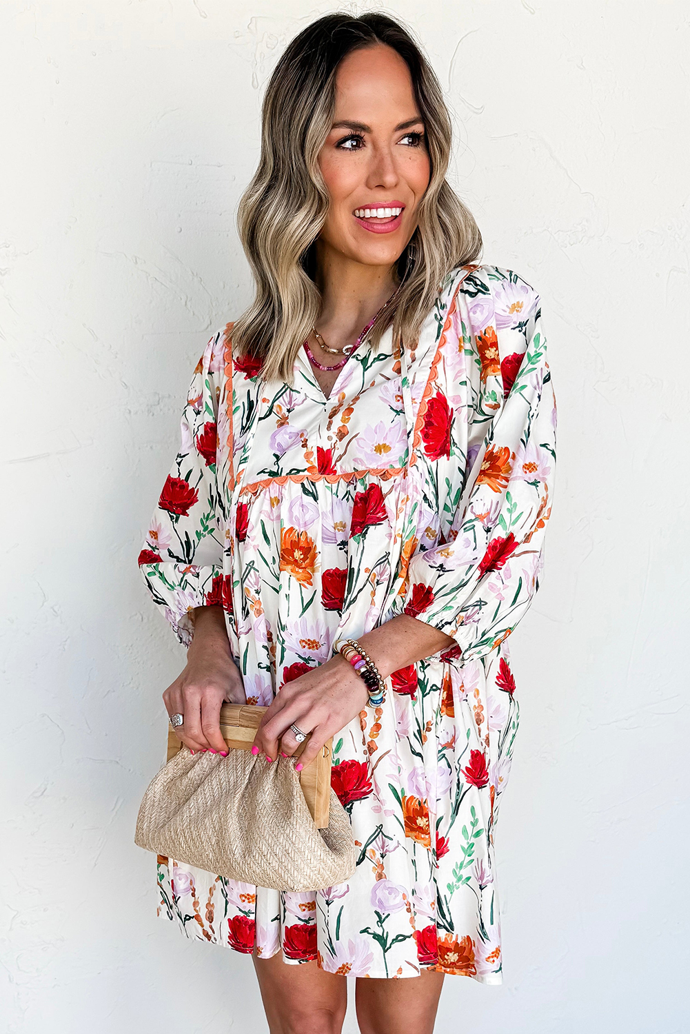 Beige Floral Print 3/4 Puff Sleeve Ricrac Trim Mini Dress - Image 3