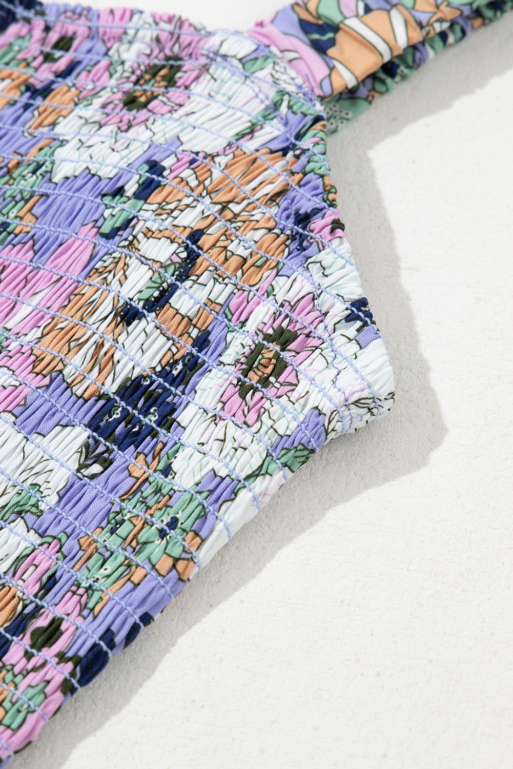 Purple Floral Print Smocked High Waist Square Neck Jumpsuit - Image 8