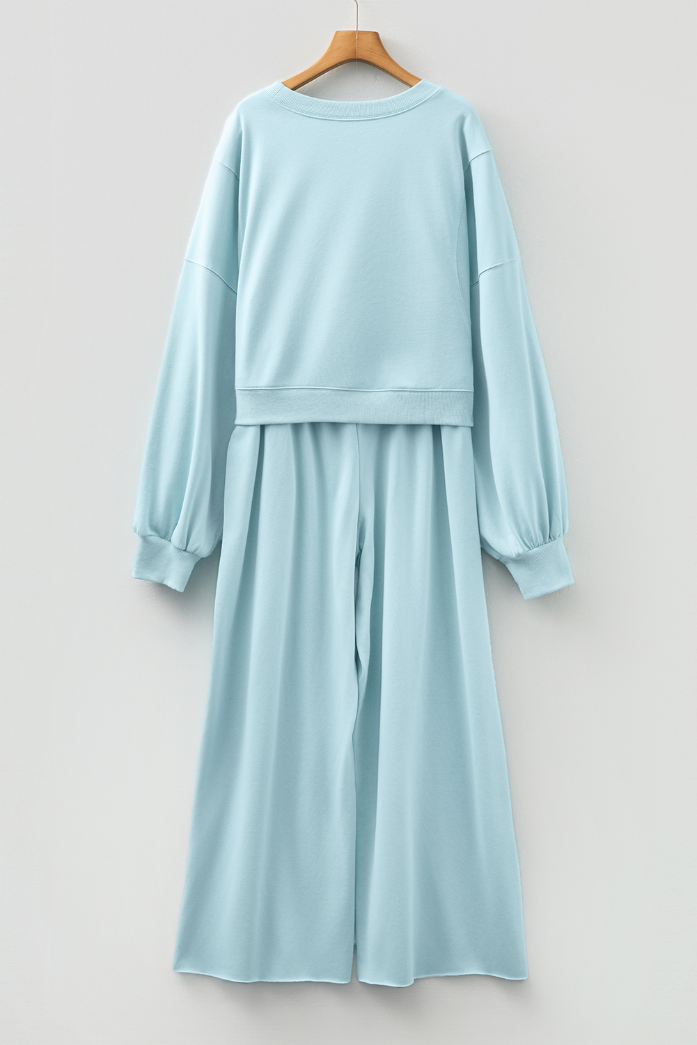 Mist Blue Drop Shoulder Puff Sleeve Crop Pullover Drawstring Wide Leg Pants Set - Image 8