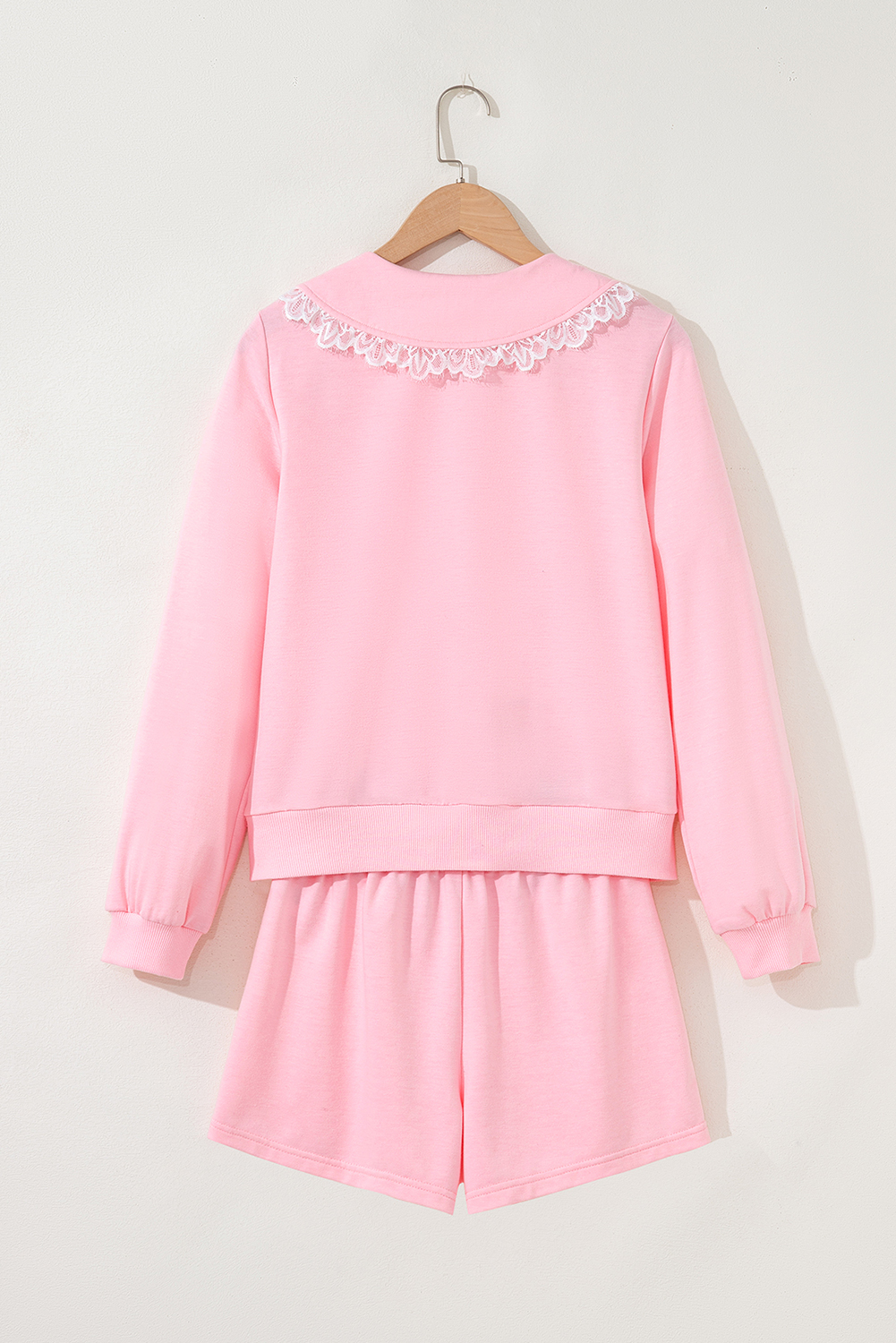 Pink Peter Pan Lace Embellished Neck Collision Sweatshirt and Skirt Two Piece Set - Image 7