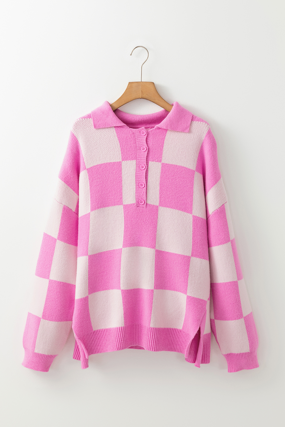 Pink Checkerboard Half Button Collared Drop Shoulder Sweater - Image 6