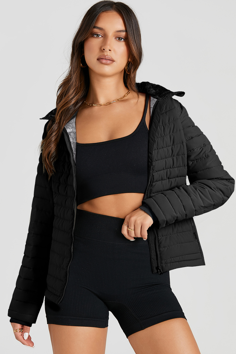 Black Solid Color Quilted Zip-up Puffer Jacket - Image 3
