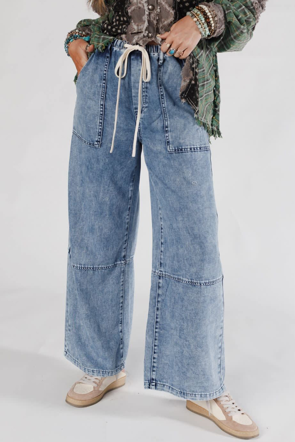 Ashleigh Blue Acid Wash Exposed Seam Drawstring Elastic Waistband Jeans - Image 4