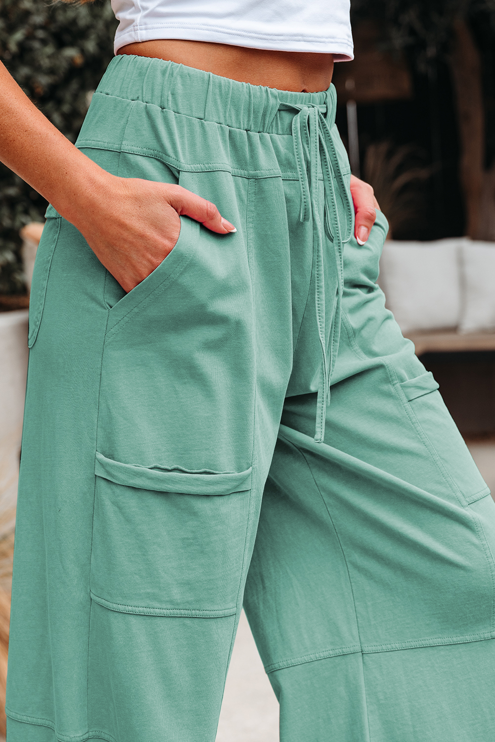 Mint Green Mineral Wash Exposed Seam Drawstring Elastic Waistband Wide Leg Cargo Pants - Image 5