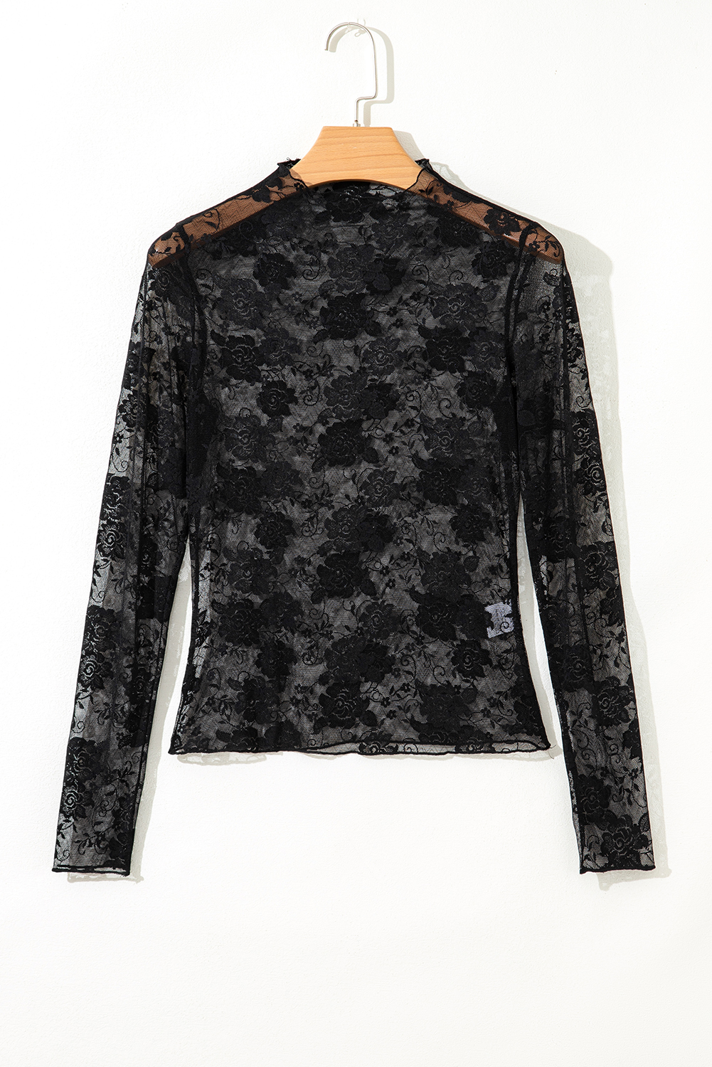 Black Sheer Floral Lace Mesh Mock Neck Long Sleeve Top - Image 5