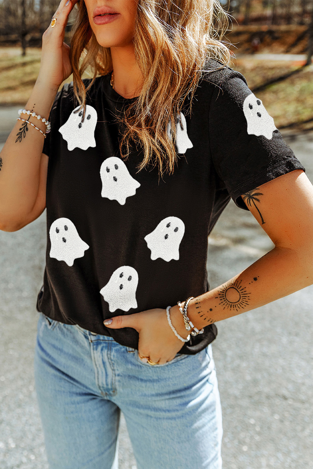 Black Sequin Halloween Ghost Patched Casual T Shirt - Image 6