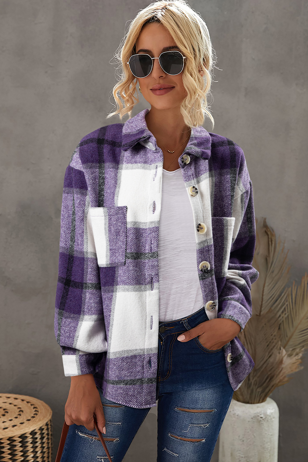 Purple Plaid Color Block Buttoned Long Sleeve Jacket with Pocket - Image 2