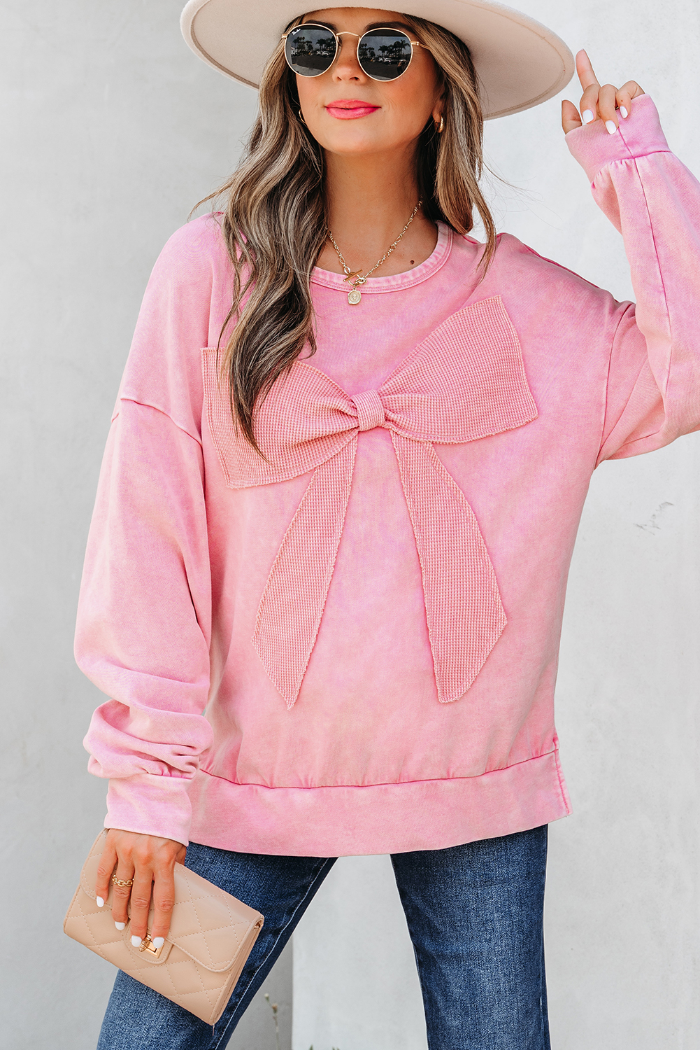 Bright Pink Mineral Wash Big Bow Patchwork Pullover Sweatshirt - Image 4