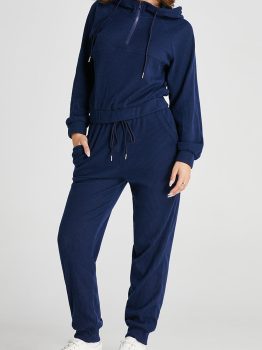 Navy Blue Ribbed Knit Cropped Hoodie and Drawstring Joggers Set
