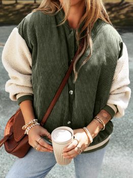 Mist Green Corduroy Fleece Patchwork Buttoned Bomber Jacket