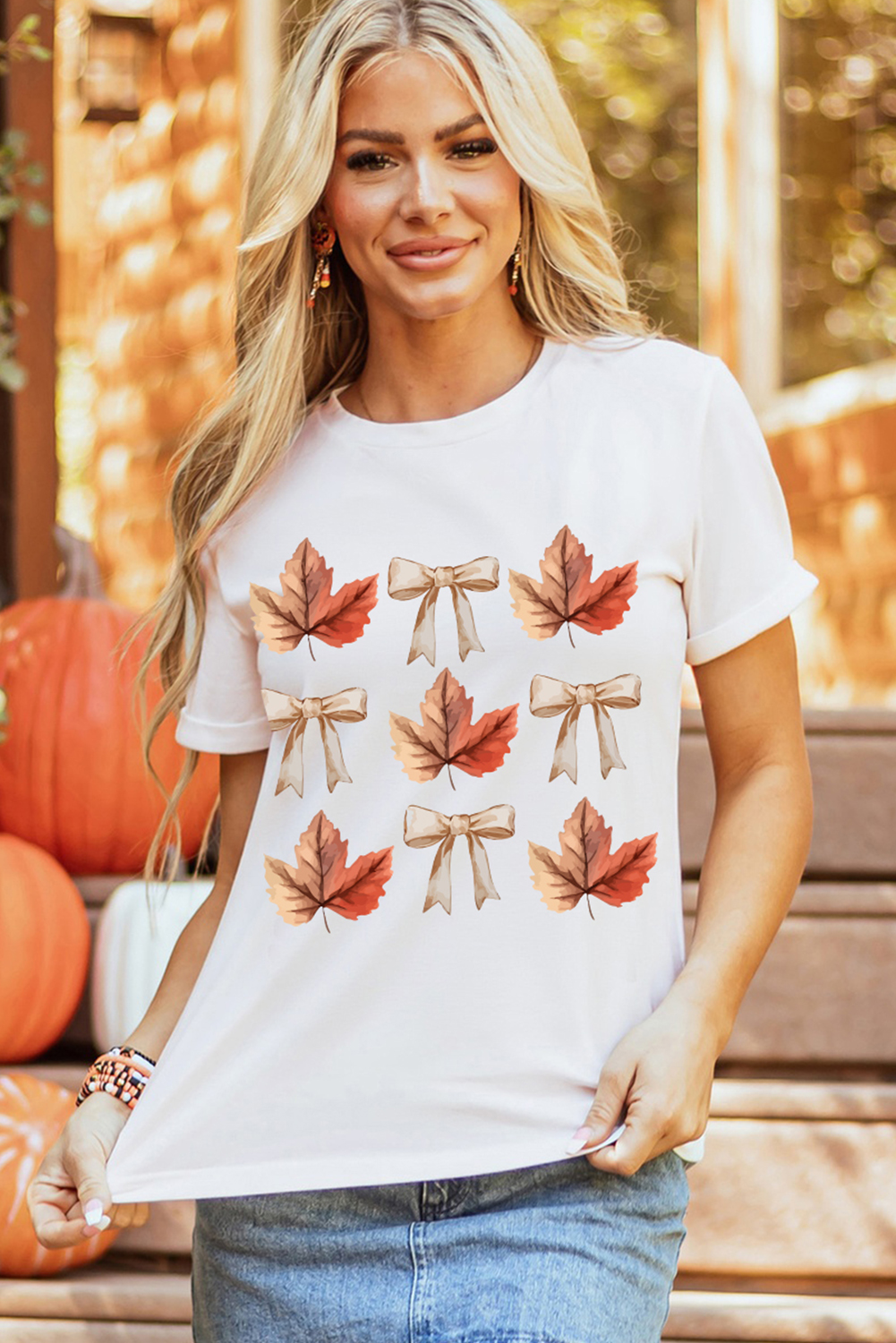 White Fall Leaf Bow Print Thanksgiving T Shirt - Image 5