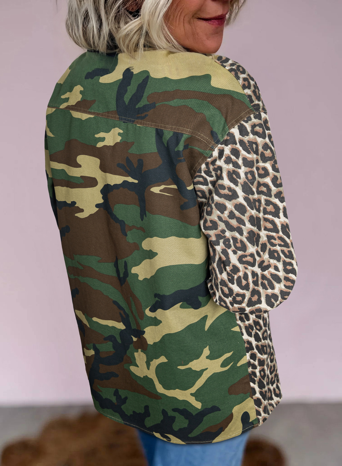 Brown Leopard Camo Patchwork Oversize Shacket - Image 2