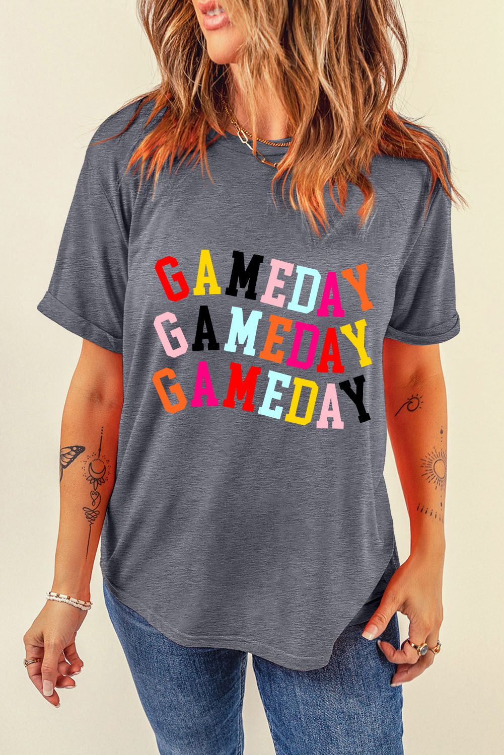 Gray Colorful GAME DAY Graphic Crew T Shirt - Image 4