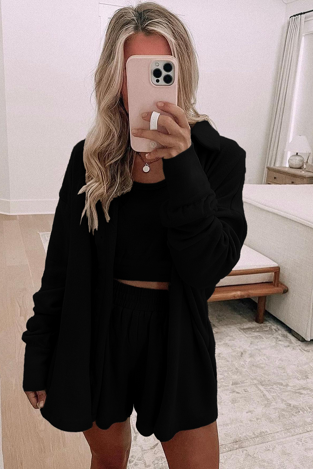 Black 3 Pcs Crop Tank Top Shorts with Cardigan Lounge Set - Image 2