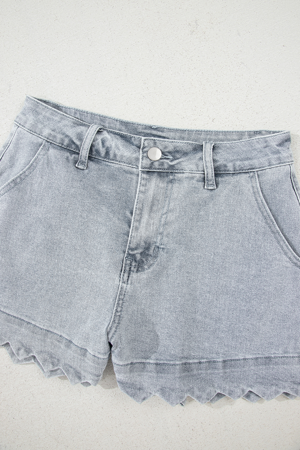 Dusk Blue Scalloped Hemline Acid Wash High Waist Denim Shorts - Image 6