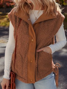 Cinnamon Faux Fur Snap Button Front Knot Side Plush Vest with Pockets