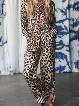 Khaki Leopard Print Colorblock Striped Edge Shirt and Pants Pajama Set