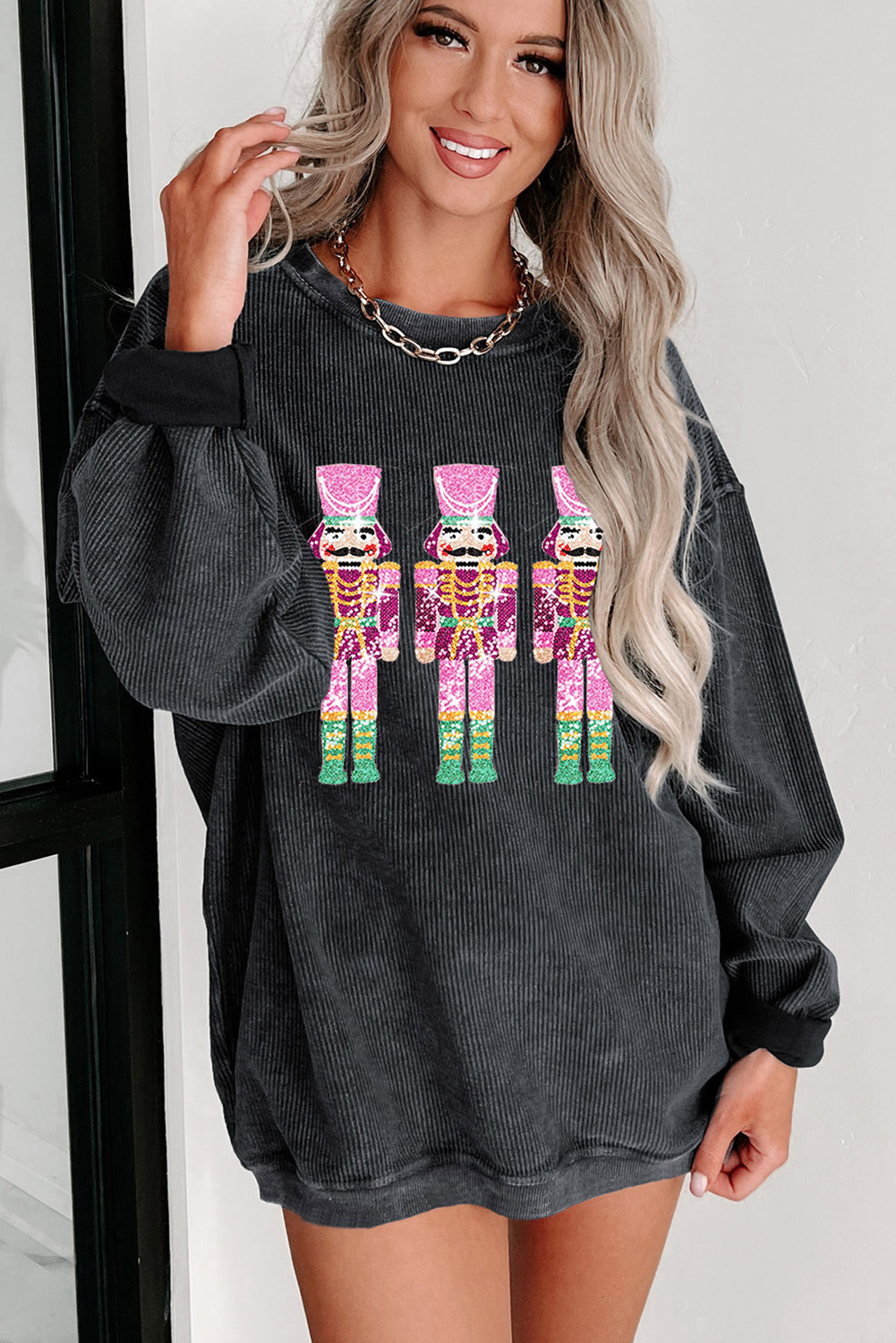 Black Christmas Sequined Nutcrackers Mineral Wash Corded Sweatshirt - Image 3