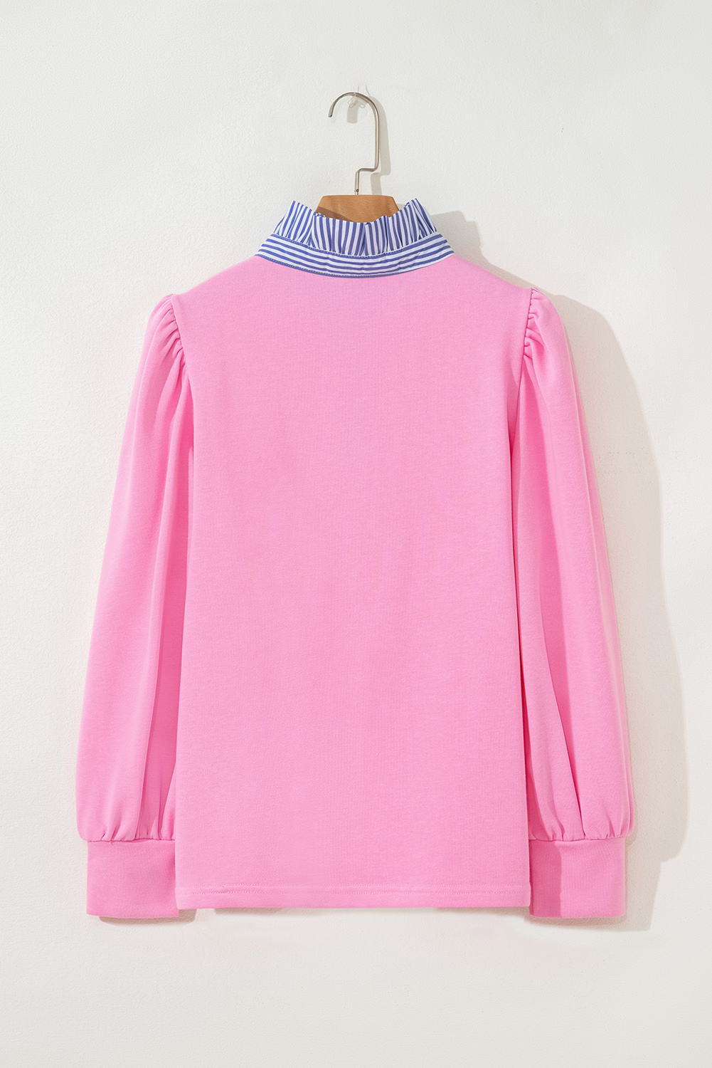 Bonbon Button Striped Collar Patchwork Puff Sleeve Sweatshirt - Image 5