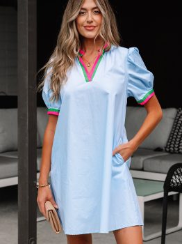 Myosotis Contrast Striped Notched V Neck Puff Sleeve Mini Dress