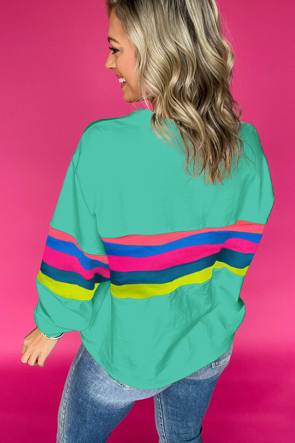 Green Colorful Striped Accent Long Sleeve T Shirt - Image 2