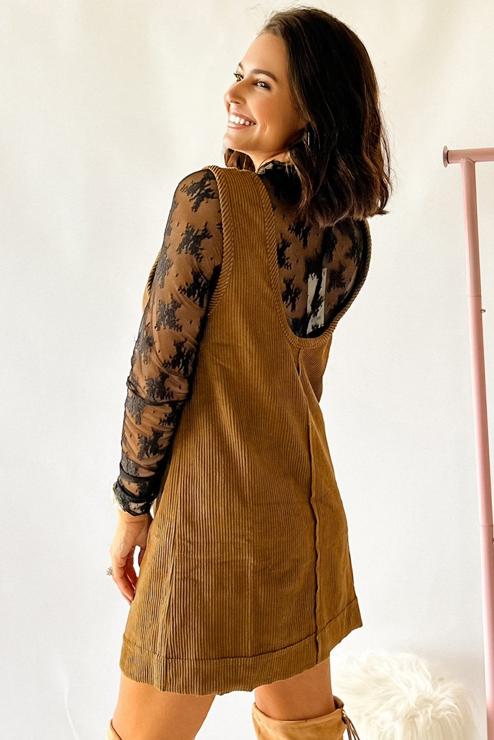 Beige Corduroy Sleeveless Mini Dress With Patched Pockets - Image 2